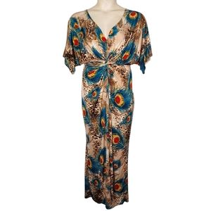BLUEBELL Peacock Feather Print Front Twist Short Sleeve Maxi Stretchy Dress 2XL